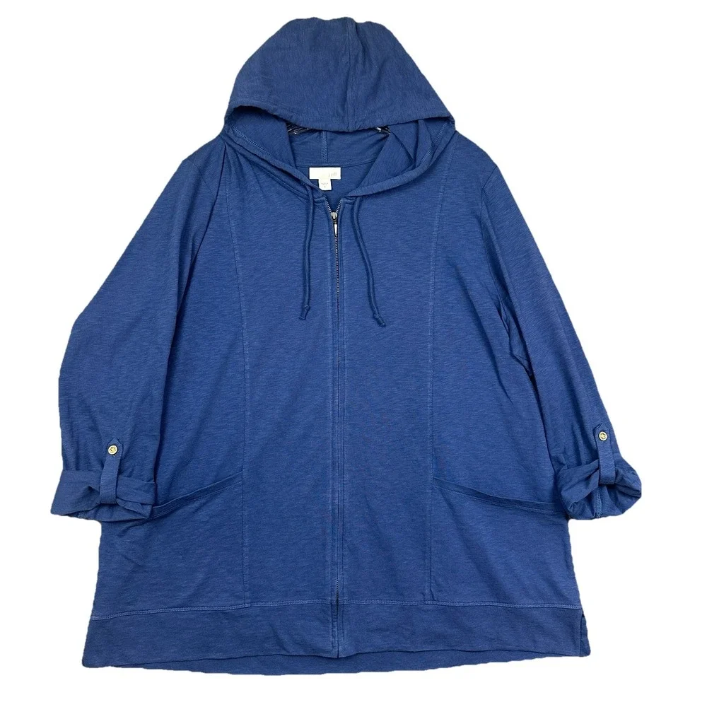 J Jill Hooded Jacket Women's‎ XL Blue Slouchy Pockets Roll Tab Sleeves Full Zip